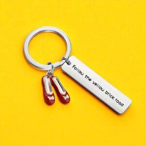 FOLLOW THE YELLOW BRICK ROAD Oz Ruby Slipper Silver Keychain NEW NWOT